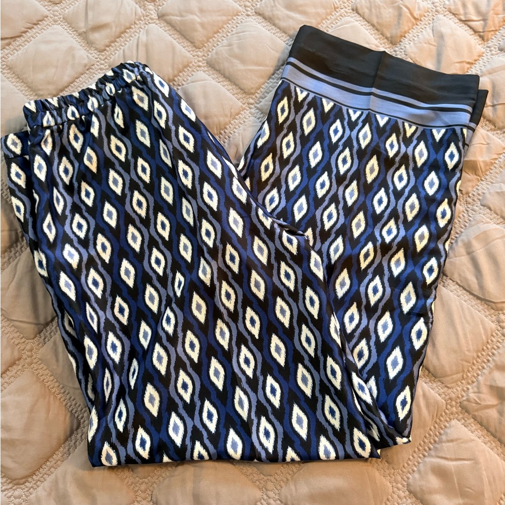Zara Navy and White Ikat-Print Wide Leg Pants